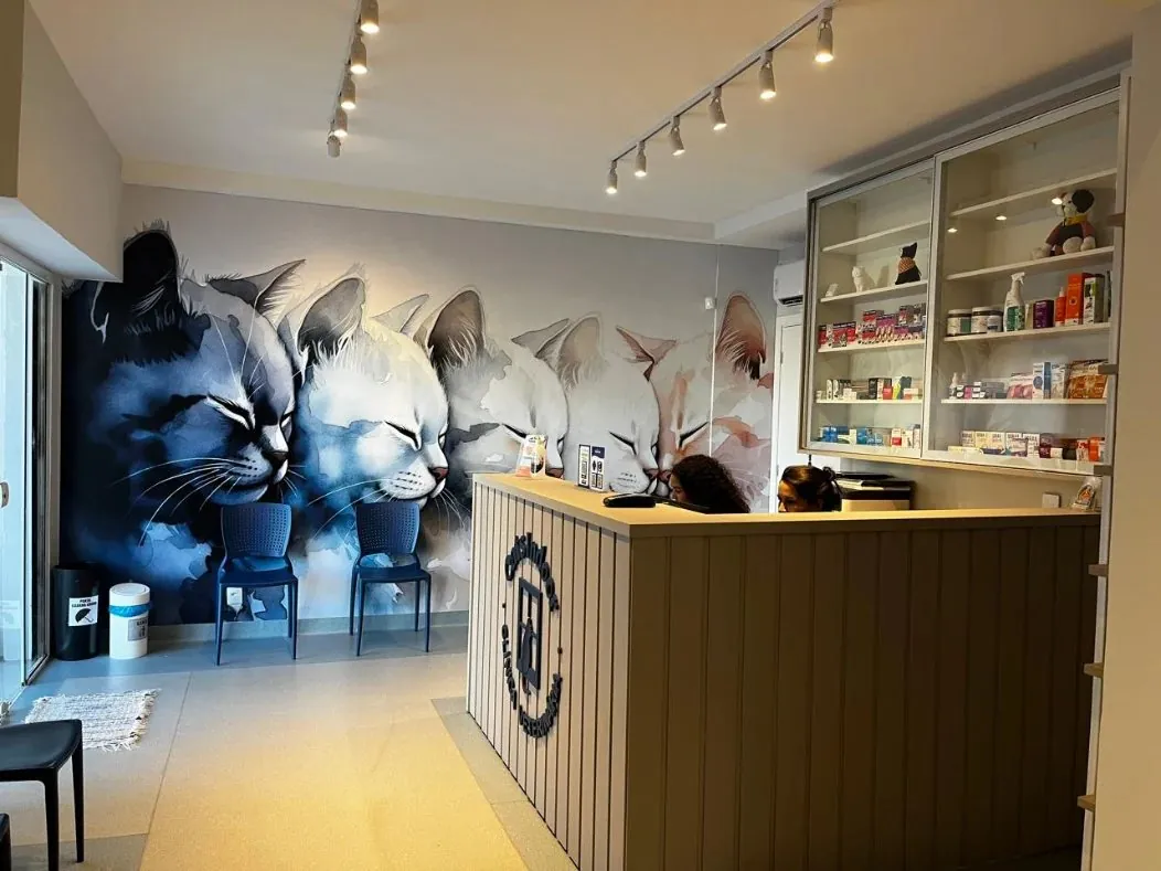 Recepção de clínica veterinária cliente da Agência Pet, com painel de gatos na parede e balcão de atendimento