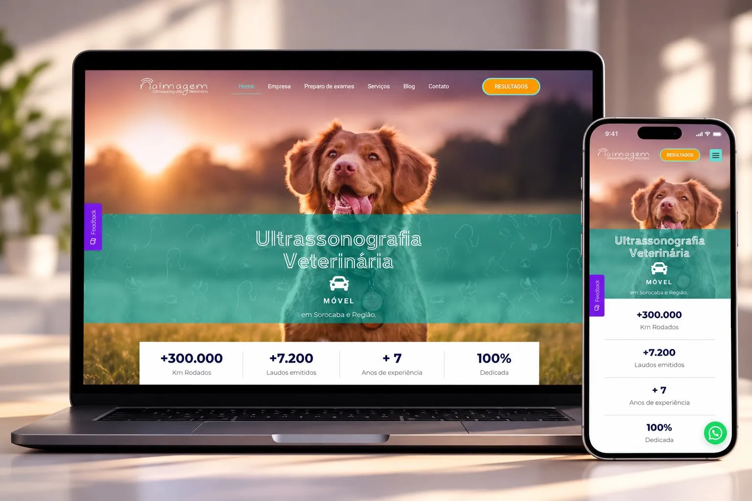 Site da Naimagem Ultrassonografia Veterinária, criado pela Agência Pet, exibido em notebook e celular